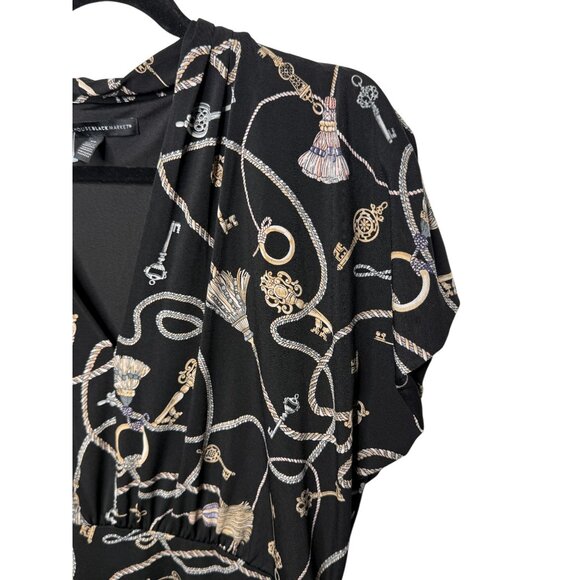 White House Black Market Key Tassel Surplice Top Black Gold XL - Picture 7 of 10